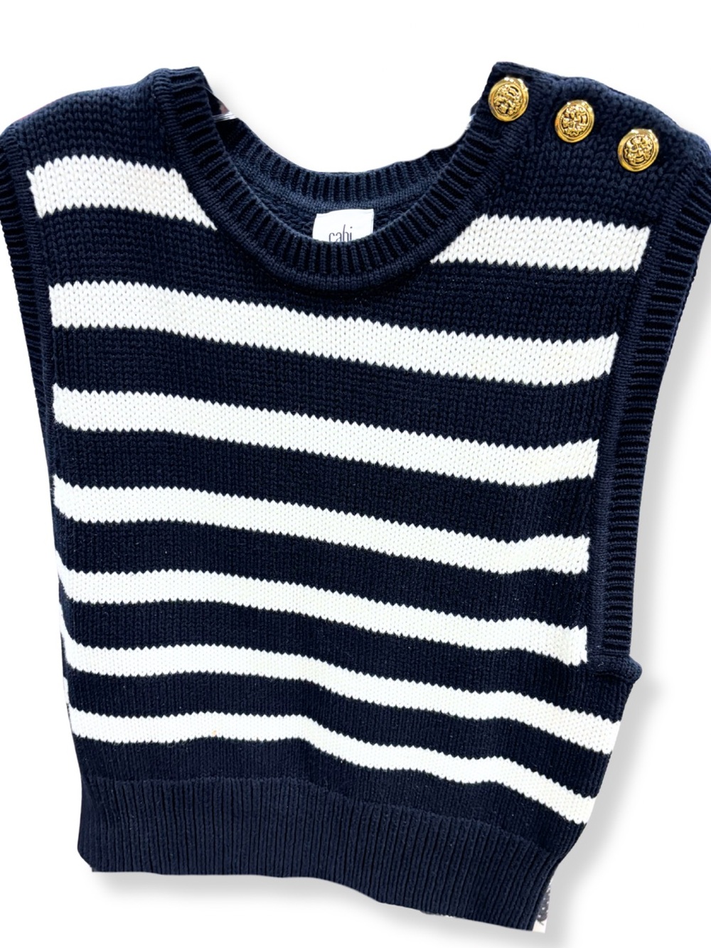 Cabi Navy Ivory Striped Sweater Vest Gold Button Cotton M Preppy Nautical